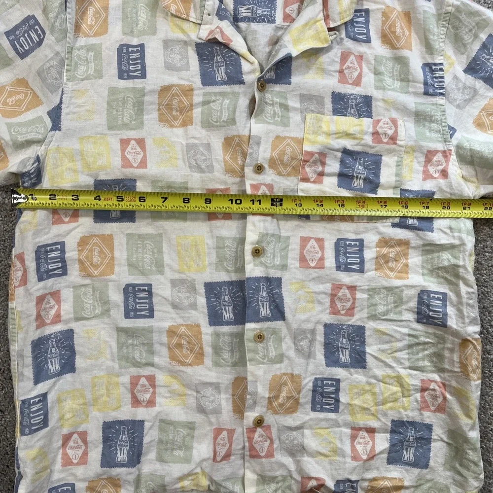 Lucky Brand Coca-Cola Shirt L Linen Button Front Short Sleeve Logo Print Allover - Picture 6 of 9